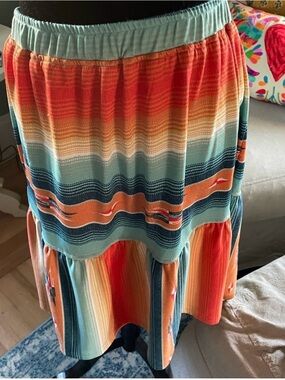 Double D Ranch Multicolor Striped Ruffle Skirt in Coral, Teal, Navy